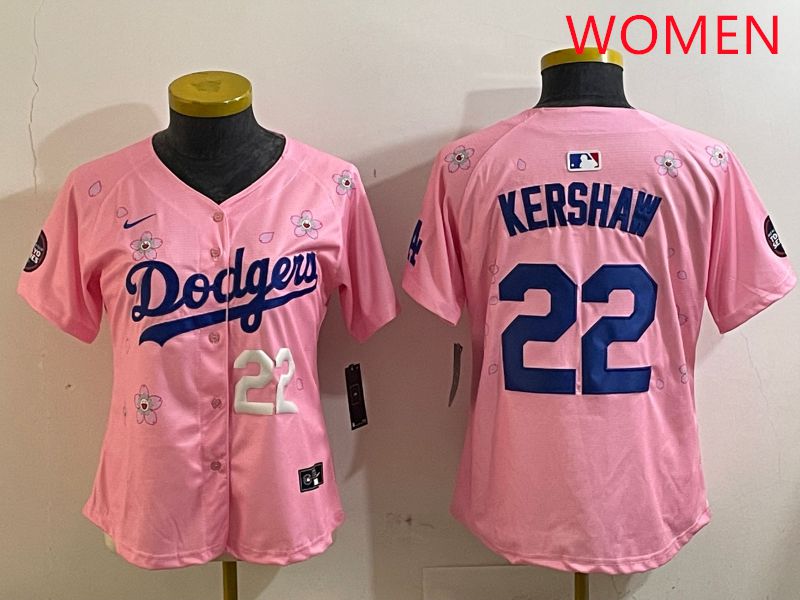 Women Los Angeles Dodgers #22 Kershaw Pink White Blue Sakura Edition 2025 Nike MLB Jersey style 4